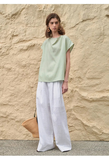 Lavisa - High Waisted Pleated Wide Leg Linen Pants
