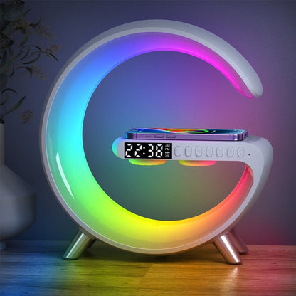 Lavisa smart RGB ambient sound machine and wireless charger lamp on a nightstand (View 3)