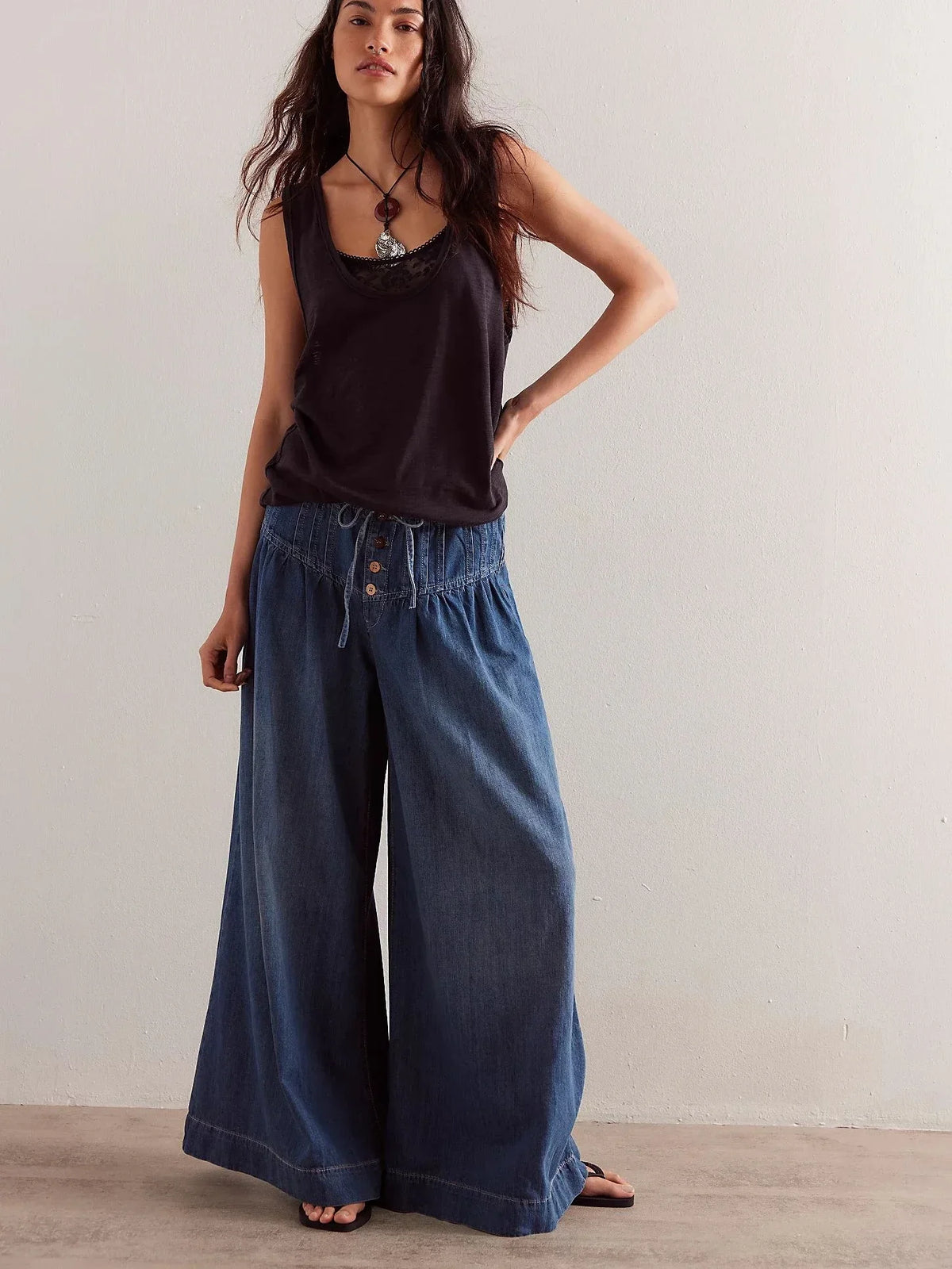 Lavisa - Womens Pull On Chambray Wide Leg Denim Pants