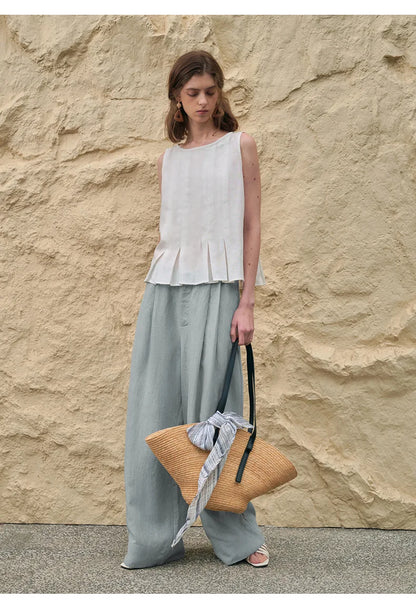 Lavisa - High Waisted Pleated Wide Leg Linen Pants