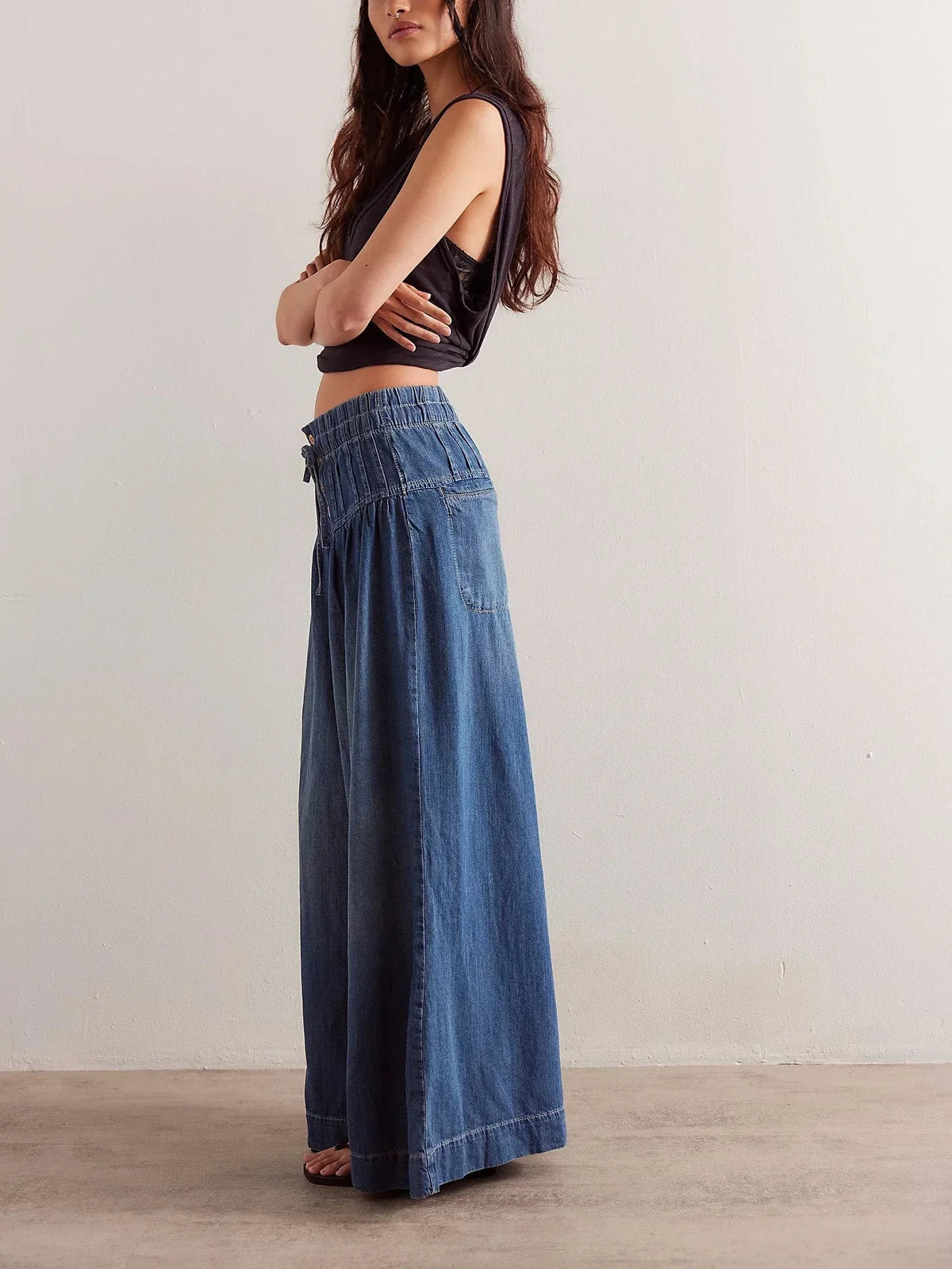 Lavisa - Womens Pull On Chambray Wide Leg Denim Pants
