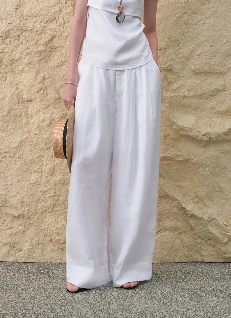 Lavisa - High Waisted Pleated Wide Leg Linen Pants