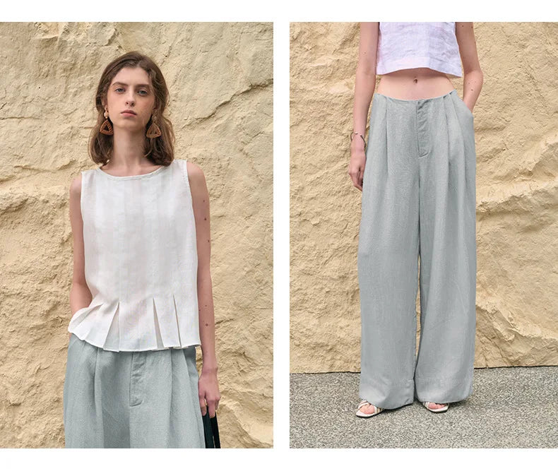 Lavisa - High Waisted Pleated Wide Leg Linen Pants