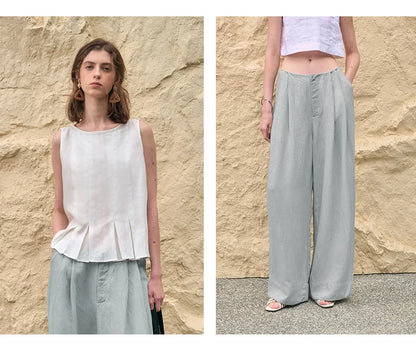 Lavisa - High Waisted Pleated Wide Leg Linen Pants