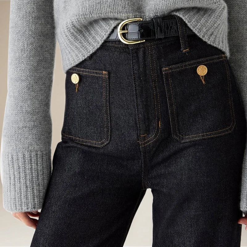 Lavisa - High Rise Wide Leg Denim Jeans with Front Button Pockets