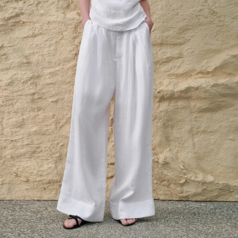Lavisa - High Waisted Pleated Wide Leg Linen Pants