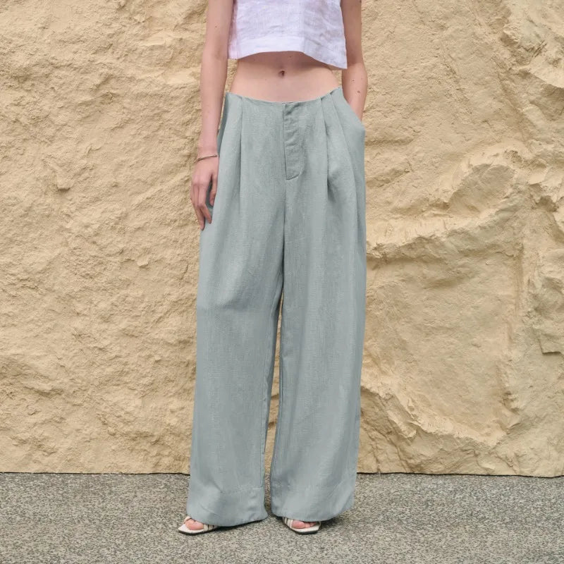Lavisa - High Waisted Pleated Wide Leg Linen Pants