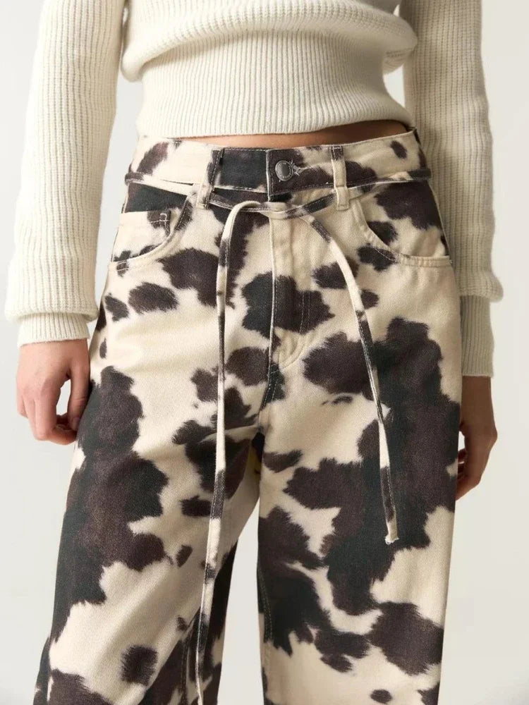 Lavisa - High Stretch Cow Print Wide Leg Denim Jeans