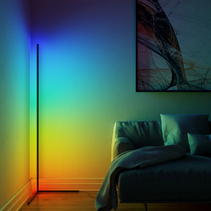 Lavisa minimalist RGB LED corner floor lamp casting colorful light in a room (View 13)