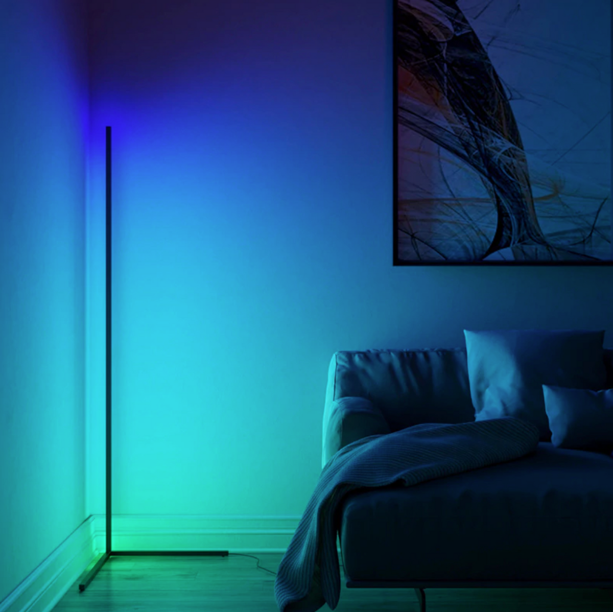 Lavisa minimalist RGB LED corner floor lamp casting colorful light in a room (View 12)