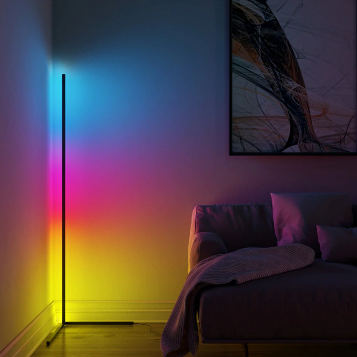 Lavisa minimalist RGB LED corner floor lamp casting colorful light in a room