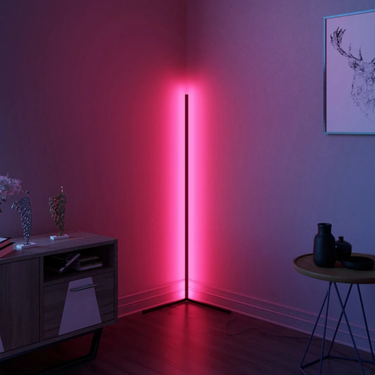 Lavisa minimalist RGB LED corner floor lamp casting colorful light in a room (View 9)