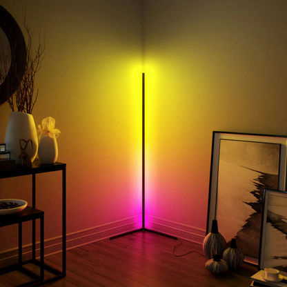 Lavisa minimalist RGB LED corner floor lamp casting colorful light in a room (View 5)