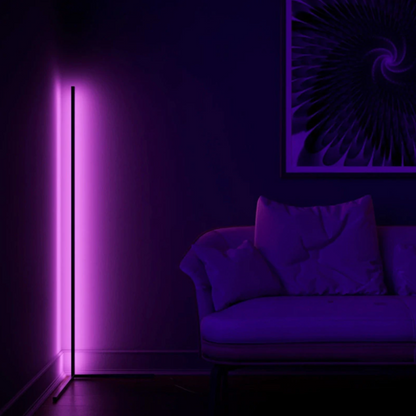 Lavisa minimalist RGB LED corner floor lamp casting colorful light in a room (View 6)