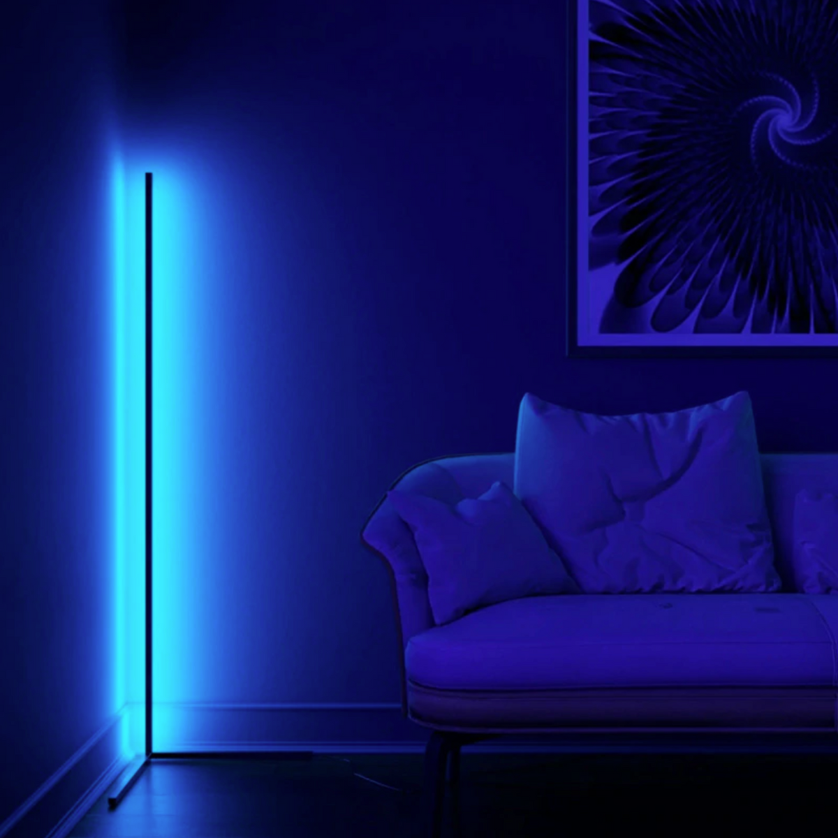 Lavisa minimalist RGB LED corner floor lamp casting colorful light in a room (View 8)