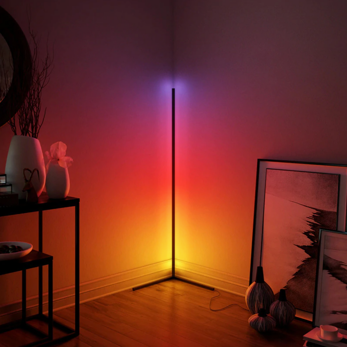 Lavisa minimalist RGB LED corner floor lamp casting colorful light in a room (View 3)