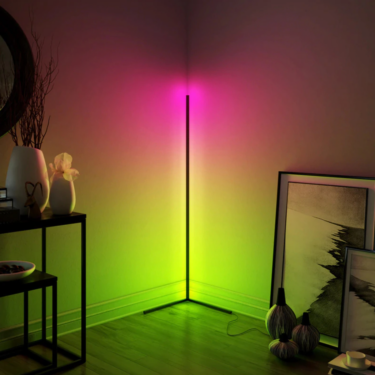 Lavisa minimalist RGB LED corner floor lamp casting colorful light in a room (View 4)