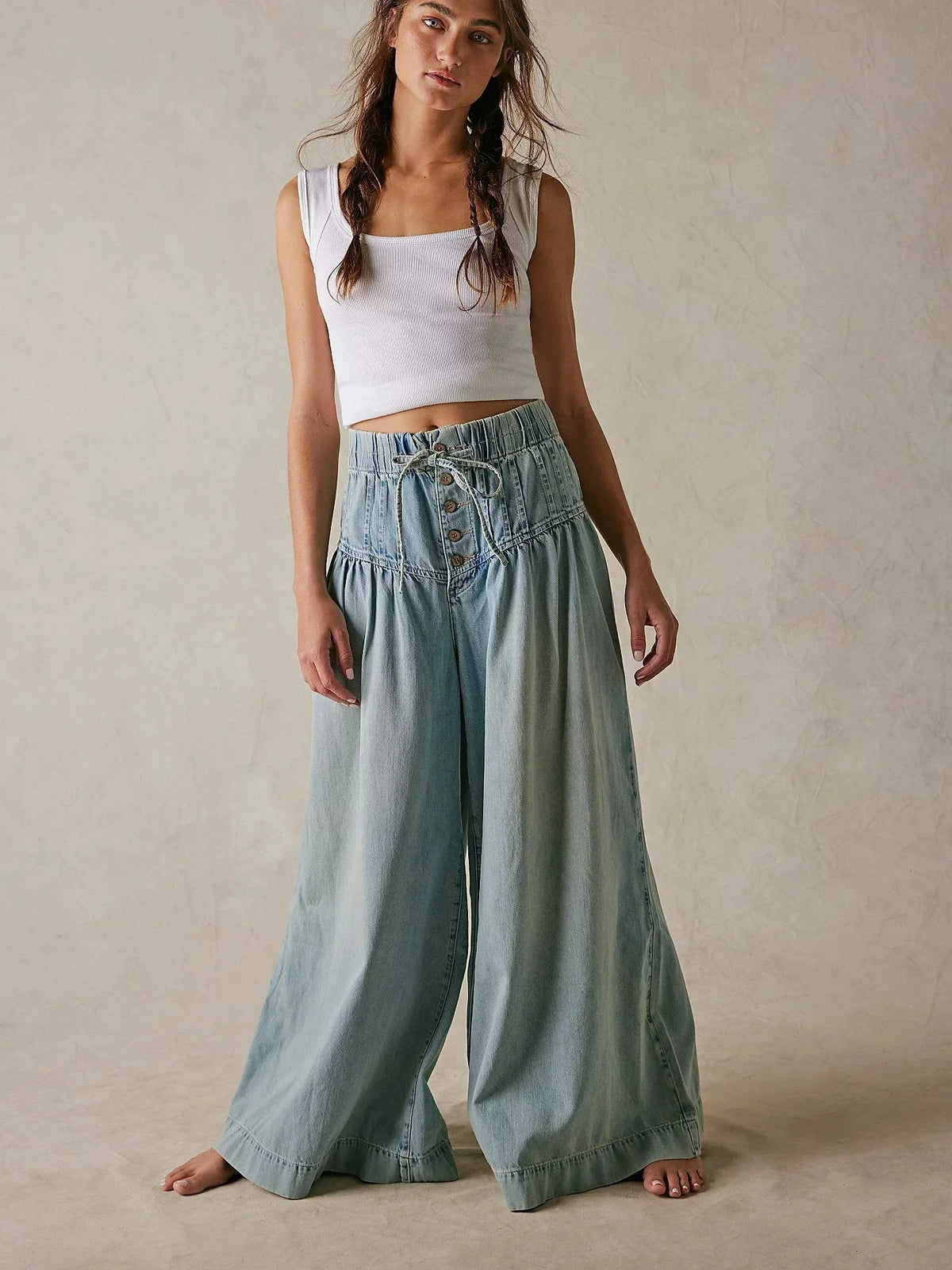 Lavisa - Womens Pull On Chambray Wide Leg Denim Pants