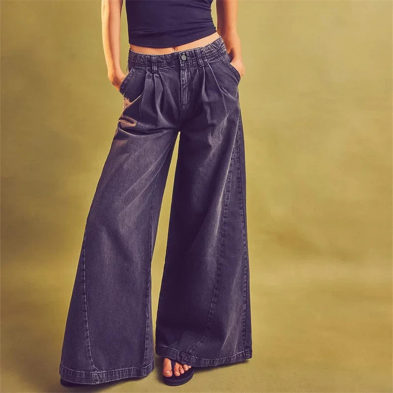 Lavisa - Pleated Wide Leg Denim Jeans