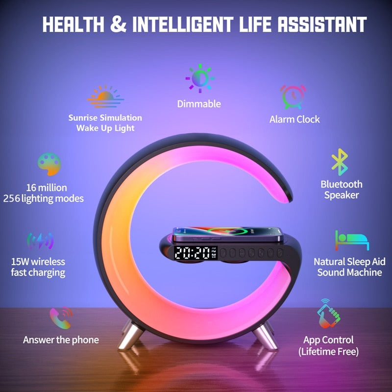 Lavisa smart RGB ambient sound machine and wireless charger lamp on a nightstand (View 7)