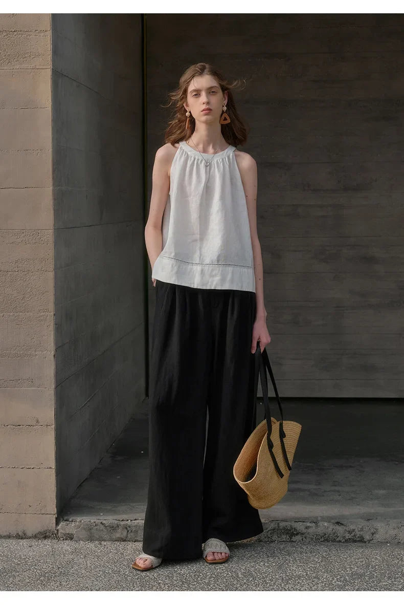 Lavisa - High Waisted Pleated Wide Leg Linen Pants