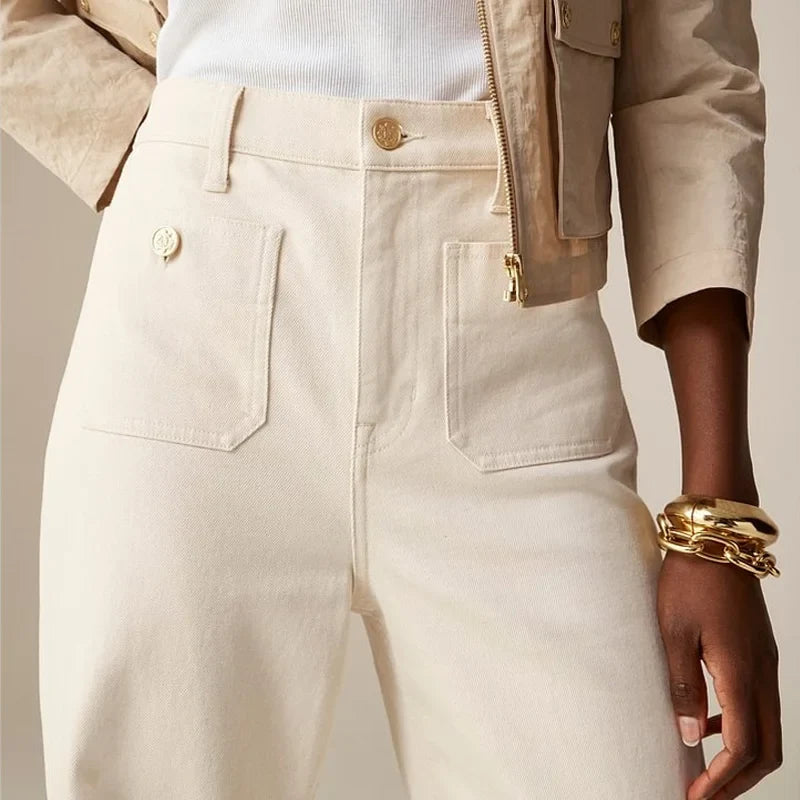 Lavisa - High Rise Wide Leg Denim Jeans with Front Button Pockets
