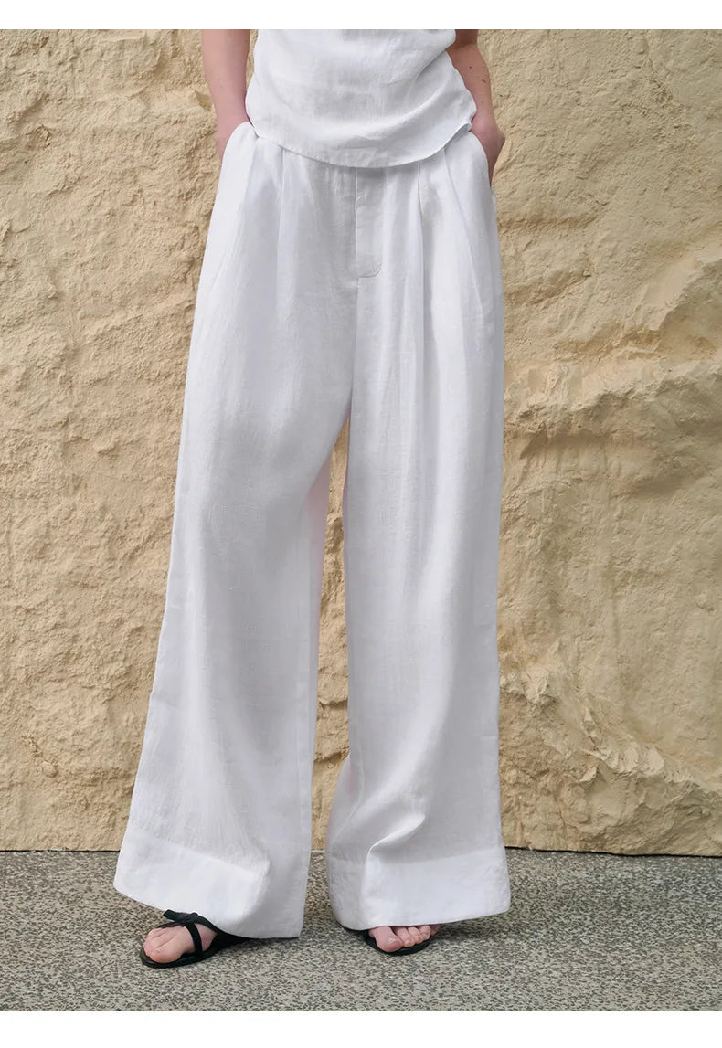 Lavisa - High Waisted Pleated Wide Leg Linen Pants