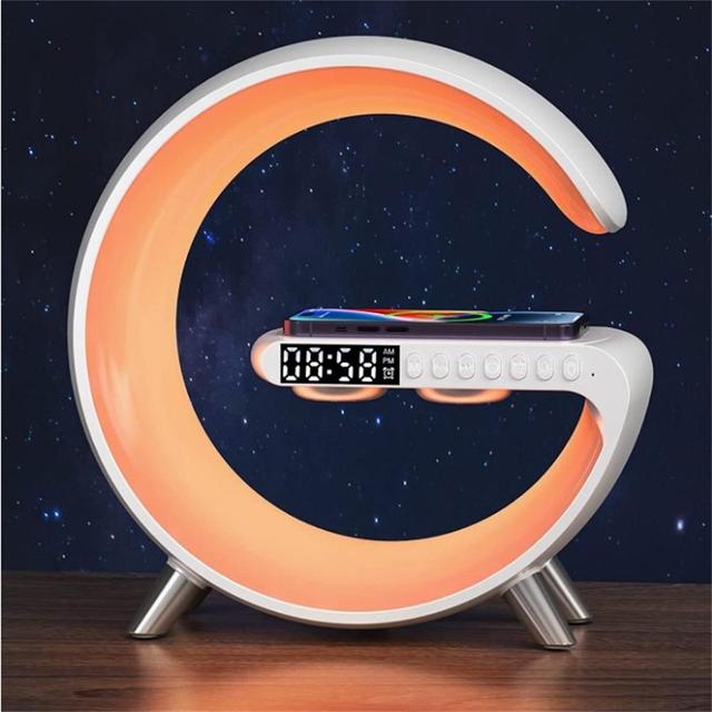 Lavisa smart RGB ambient sound machine and wireless charger lamp on a nightstand (View 6)