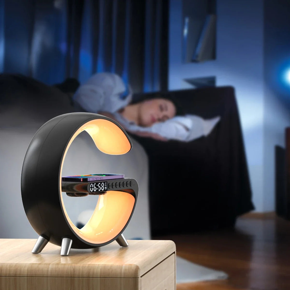 Lavisa smart RGB ambient sound machine and wireless charger lamp on a nightstand (View 10)