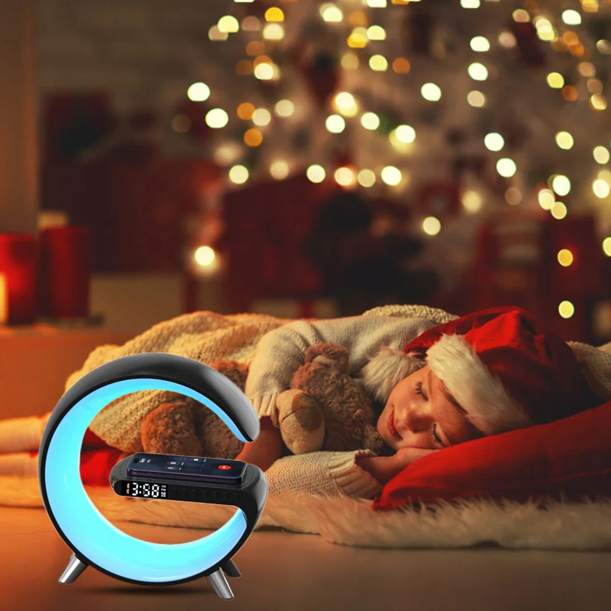 Lavisa smart RGB ambient sound machine and wireless charger lamp on a nightstand (View 11)