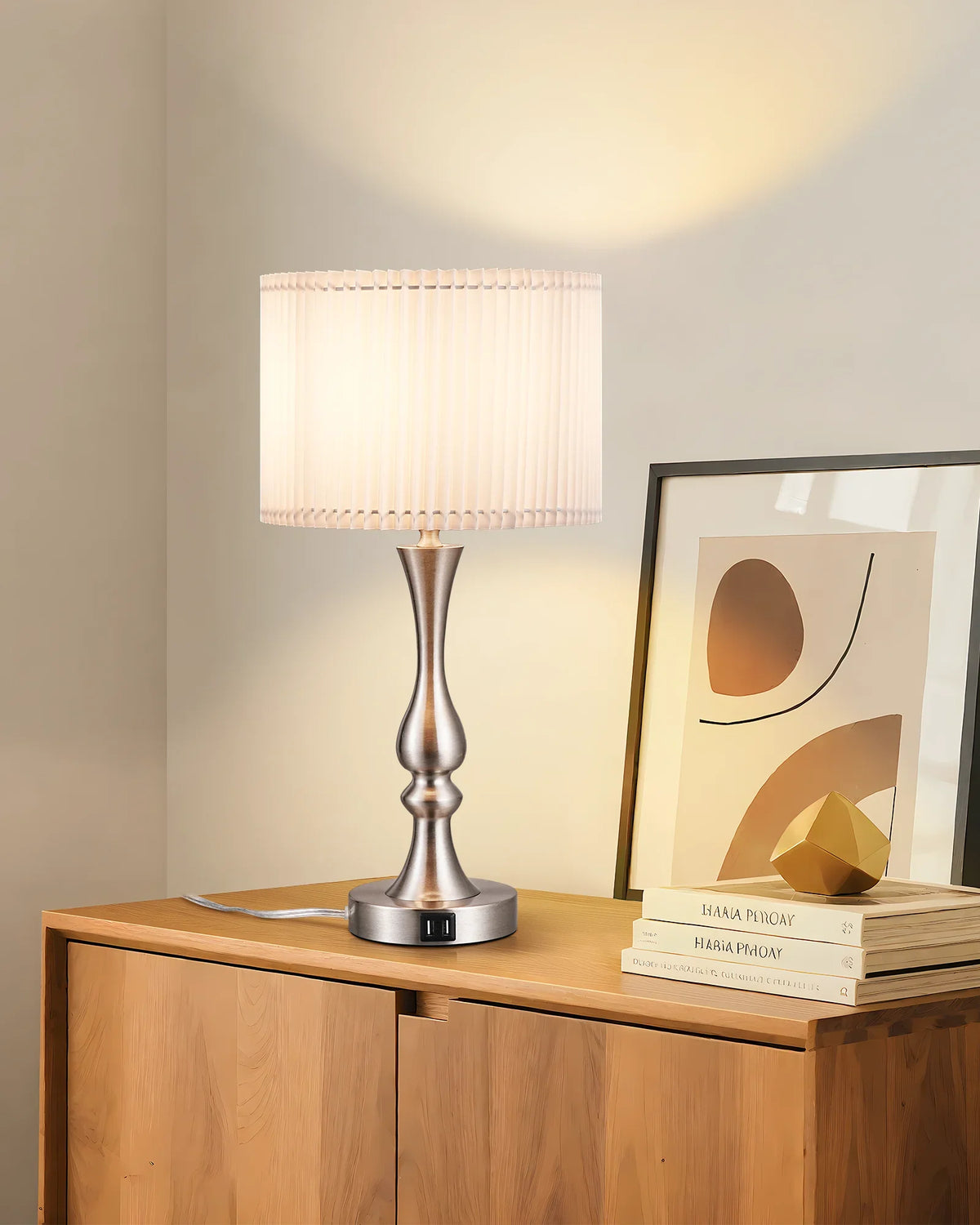 Lavisa - Modern Silver Touch-Control Table Lamp with Dual USB Ports
