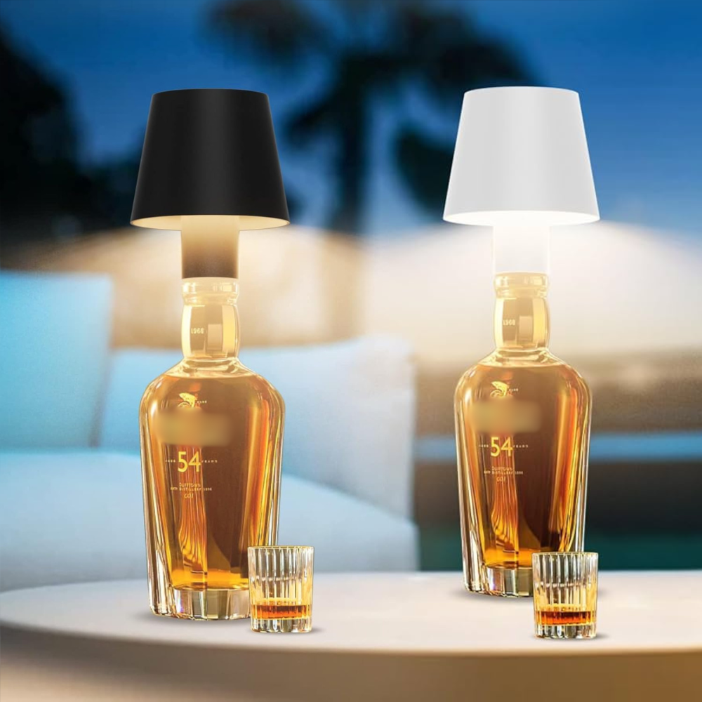 Lavisa rechargeable cordless LED bottle lamp mounted on a wine bottle - White