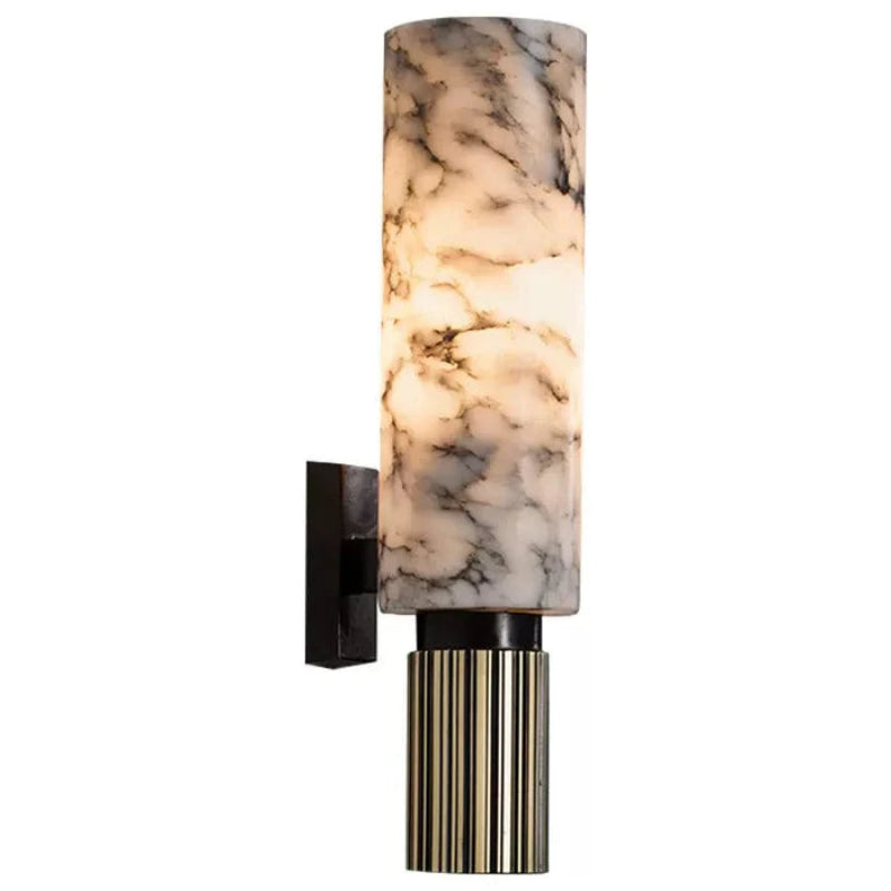 Lavisa Vertical Cylinder Wall Sconce made of real marble emitting a warm glow