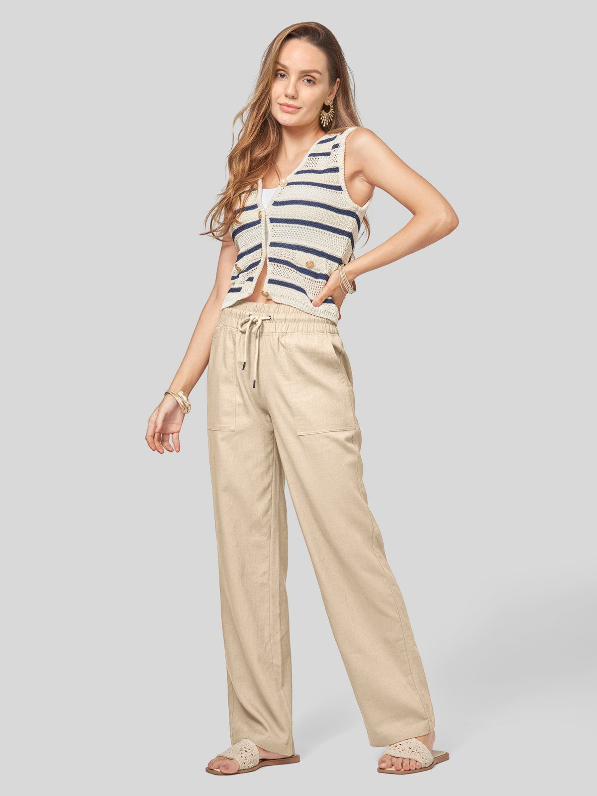 Lavisa - Women's Easy Fit Linen Wide Leg Drawstring Pants