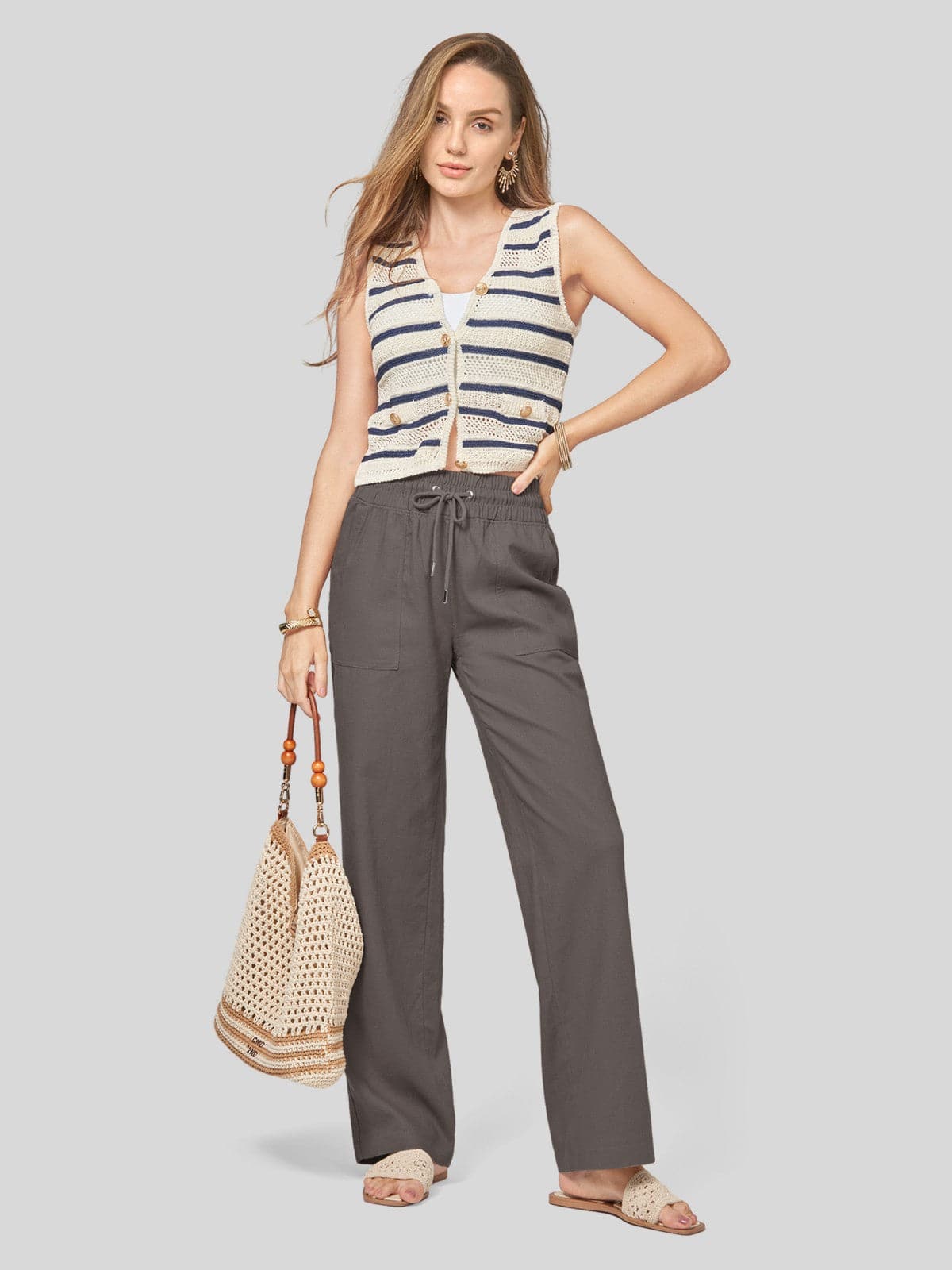 Lavisa - Women's Cotton Linen Wide Leg Drawstring Pants