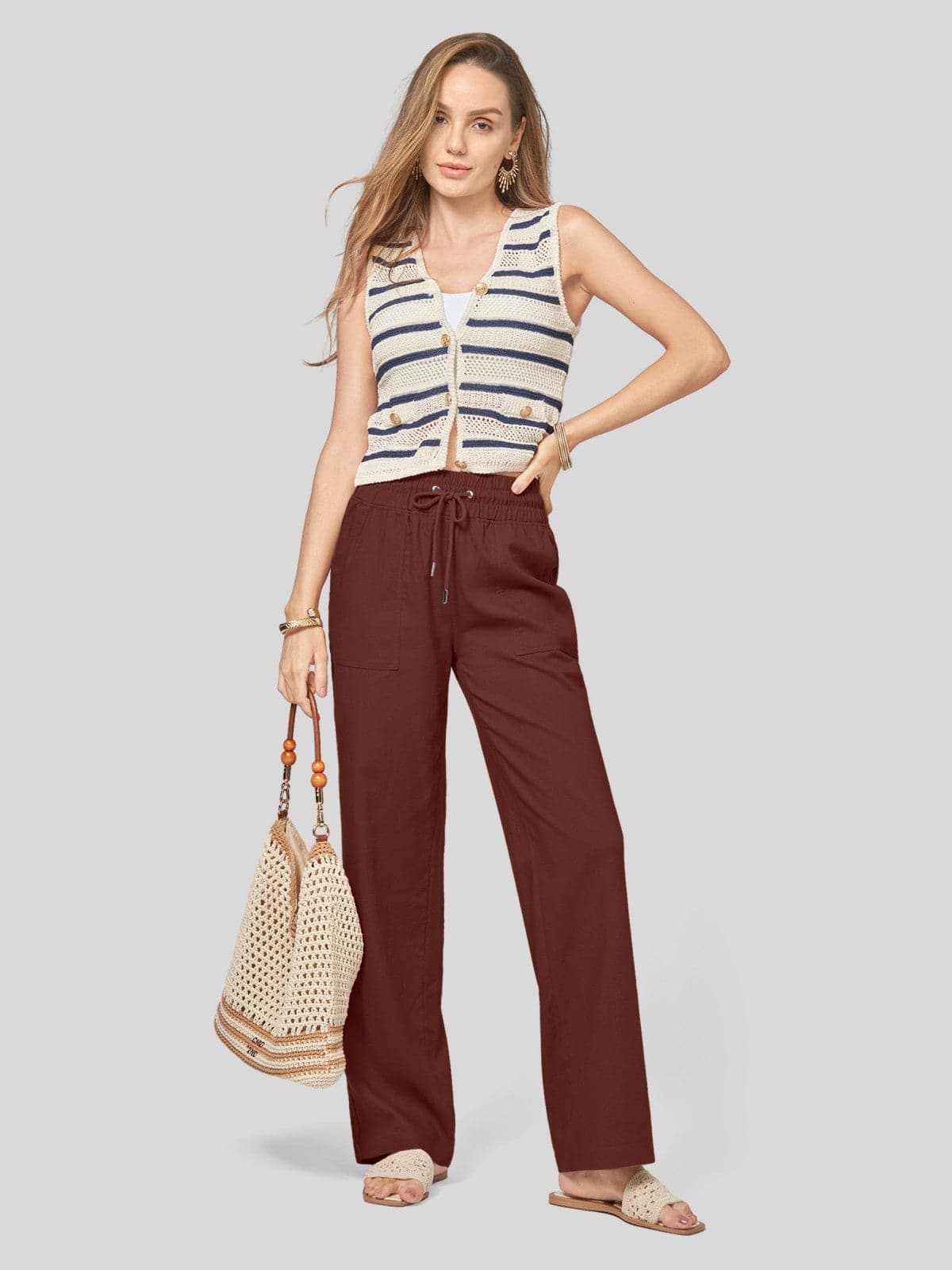 Lavisa - Women's Cotton Linen Wide Leg Drawstring Pants