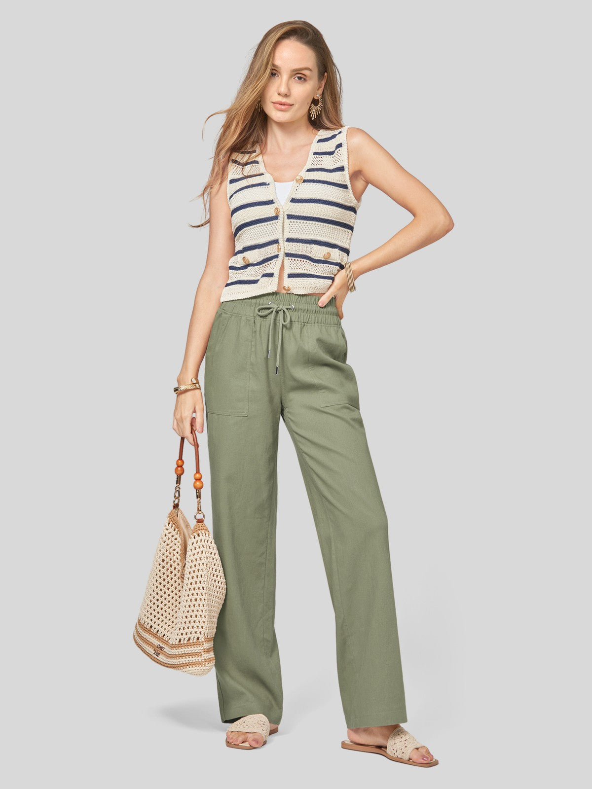 Lavisa - Women's Easy Fit Linen Wide Leg Drawstring Pants