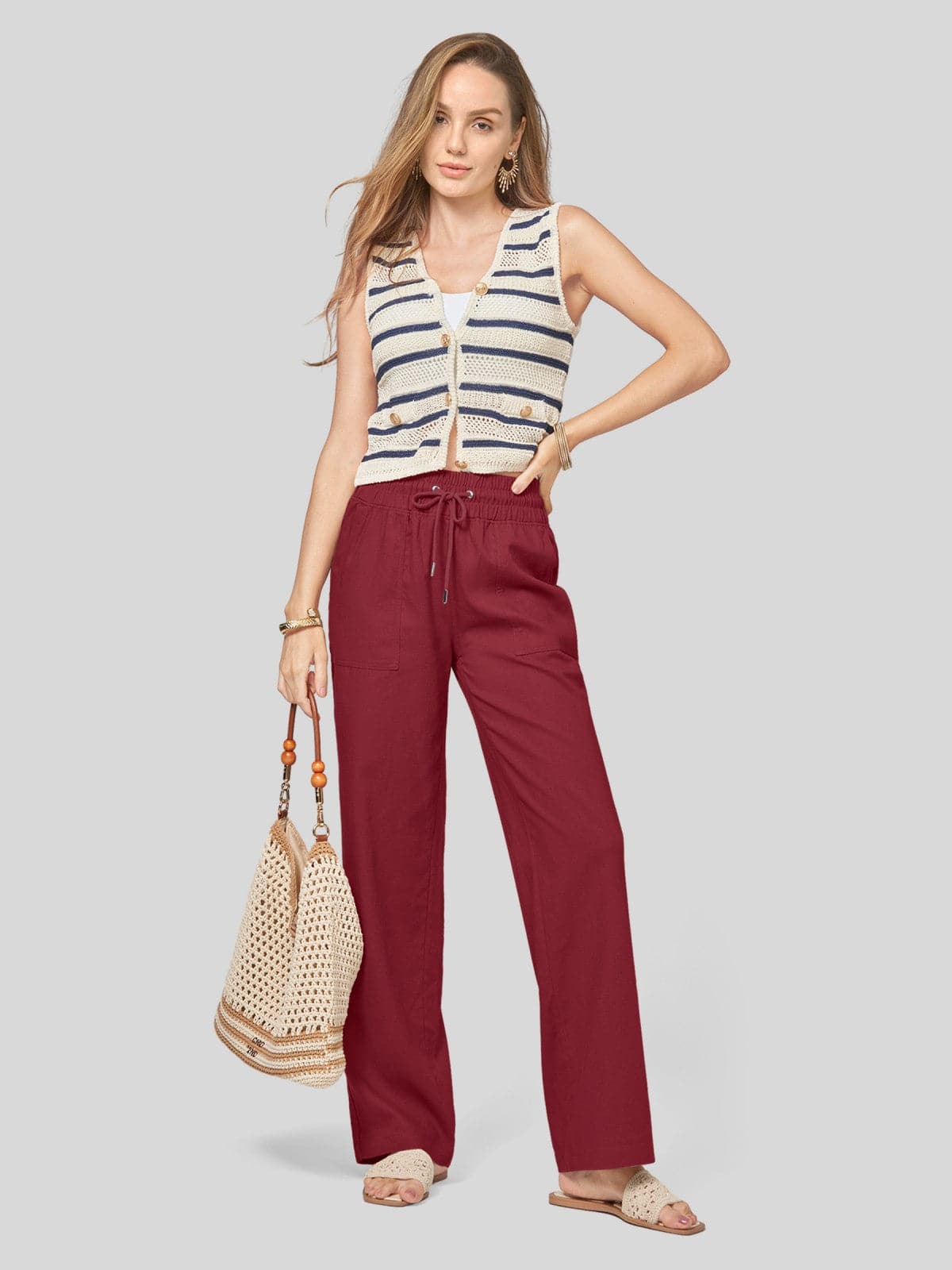 Lavisa - Women's Cotton Linen Wide Leg Drawstring Pants