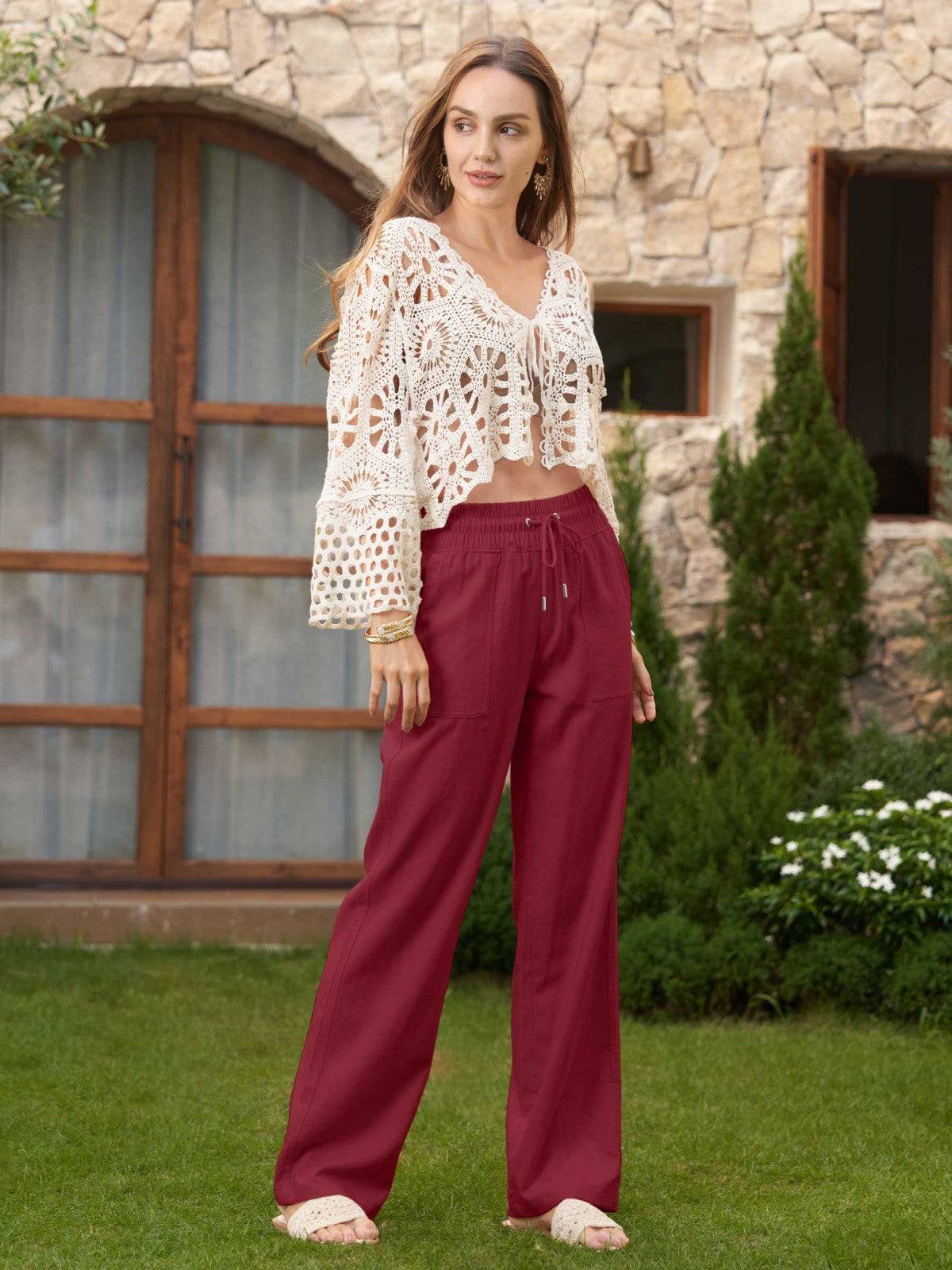 Lavisa - Women's Cotton Linen Wide Leg Drawstring Pants