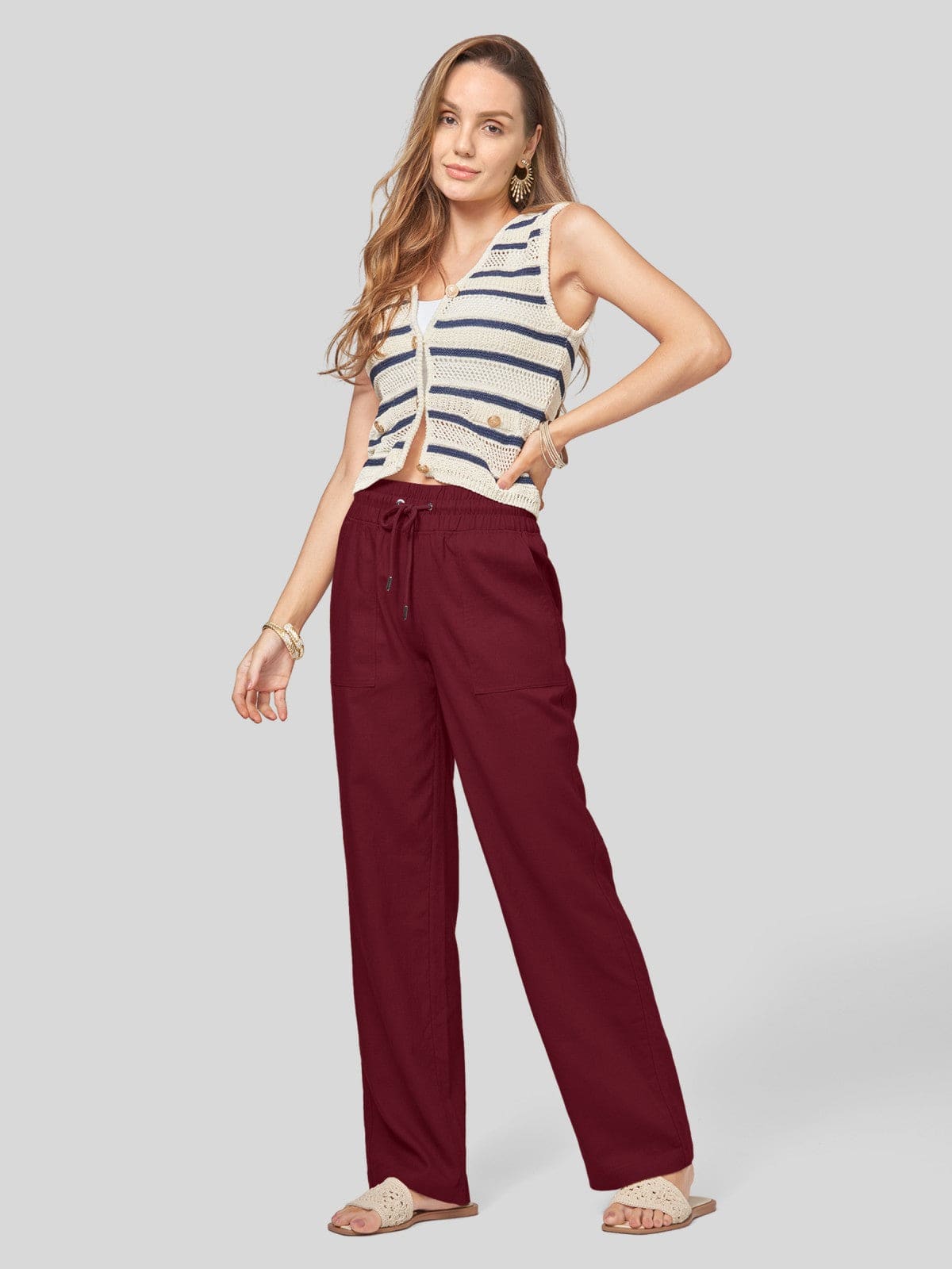 Lavisa - Women's Cotton Linen Wide Leg Drawstring Pants