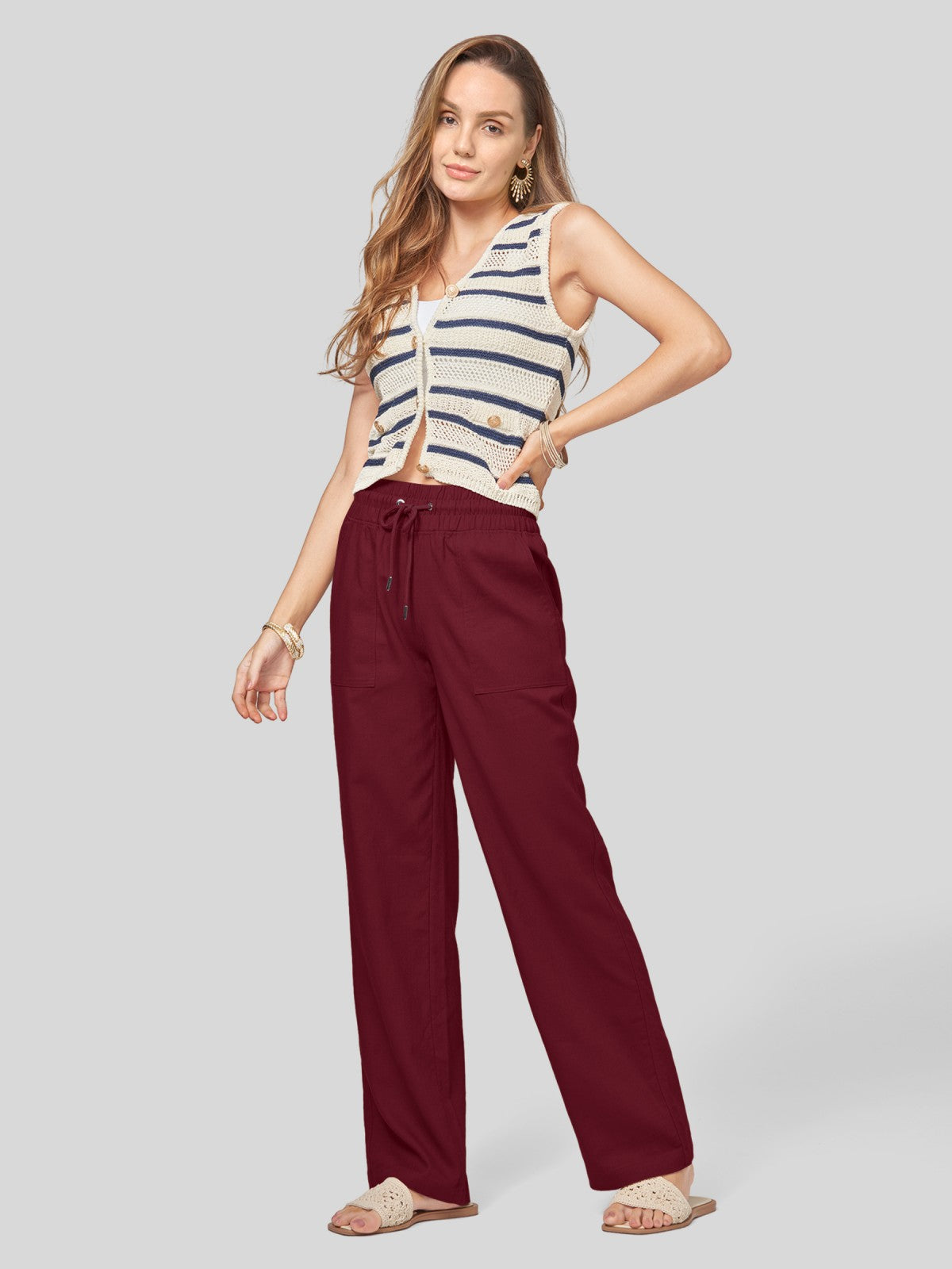 Lavisa - Women's Easy Fit Linen Wide Leg Drawstring Pants
