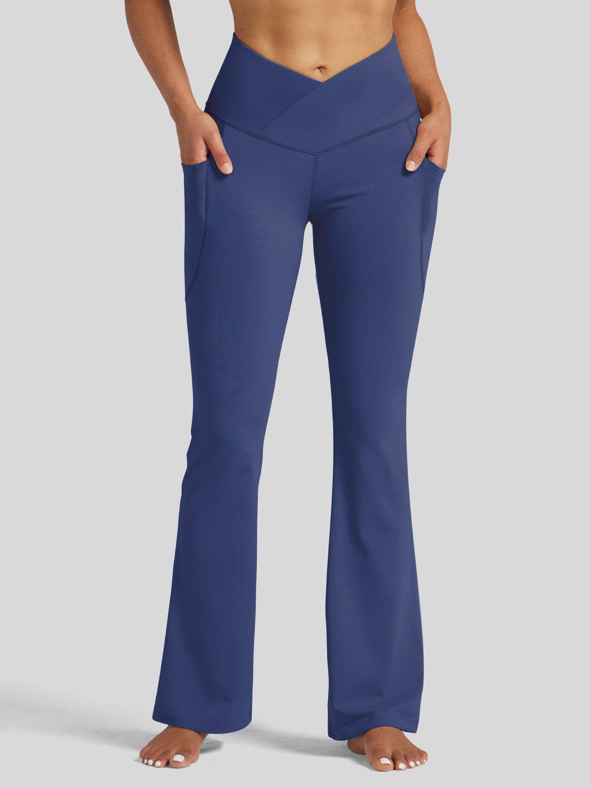 Lavisa - Women's Crossover Flare Yoga Leggings - High Waist & Pockets
