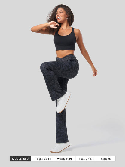 Lavisa - Women's Fleece Lined Crossover Flared Leggings with Pockets