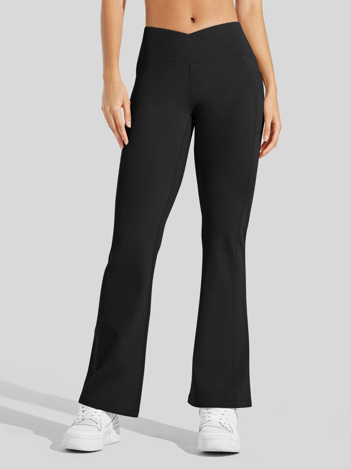Lavisa - Women's Fleece Lined Crossover Flared Leggings with Pockets