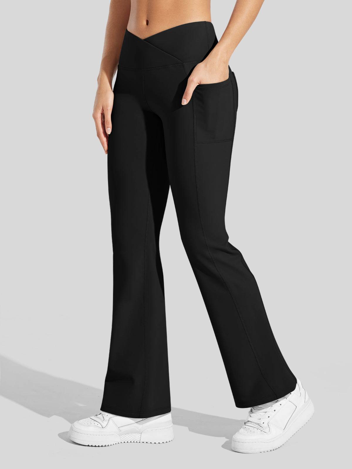 Lavisa - Women's Fleece Lined Crossover Flared Leggings with Pockets