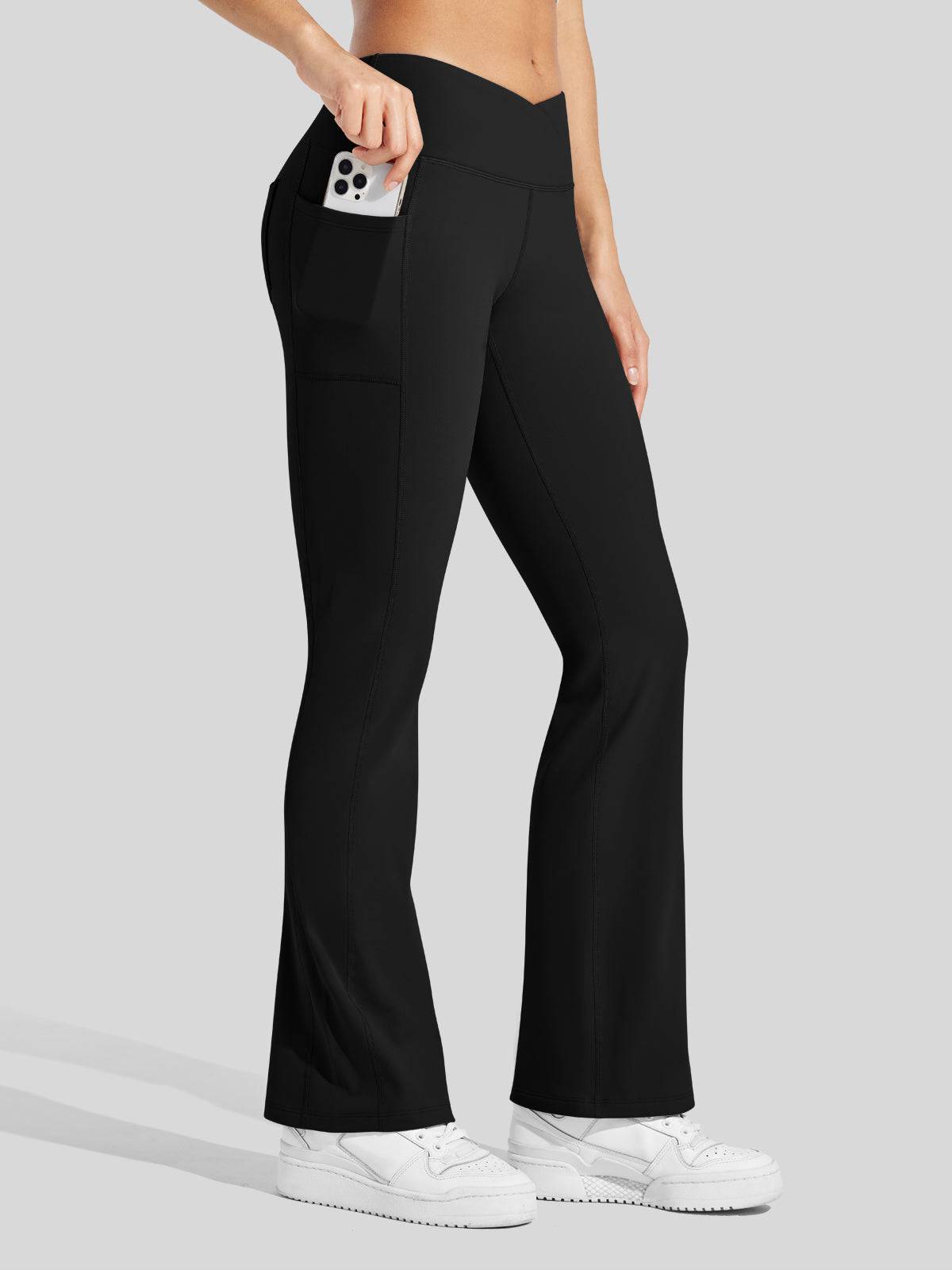 Lavisa - Women's Fleece Lined Crossover Flared Leggings with Pockets