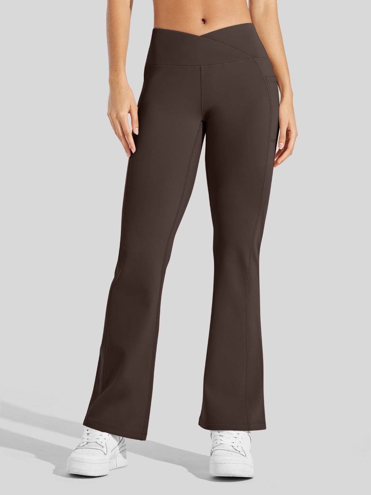 Lavisa - Women's Fleece Lined Crossover Flared Leggings with Pockets