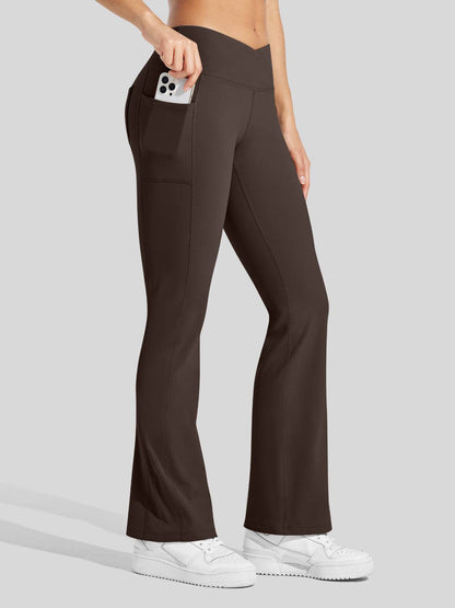Lavisa - Women's Fleece Lined Crossover Flared Leggings with Pockets