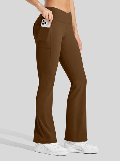 Lavisa - Women's Fleece Lined Crossover Flared Leggings with Pockets