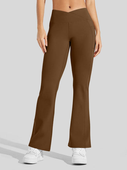 Lavisa - Women's Fleece Lined Crossover Flared Leggings with Pockets
